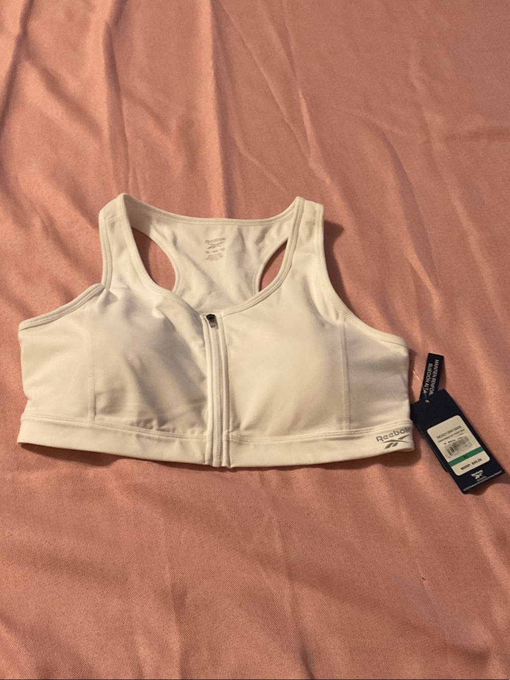 Reebok White Front-Zip Racerback Sports Crop Bra